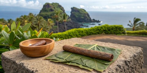 Unique hand-rolled cigar placed on fresh leaves overlooking stunning coastal landscape in tropical paradise