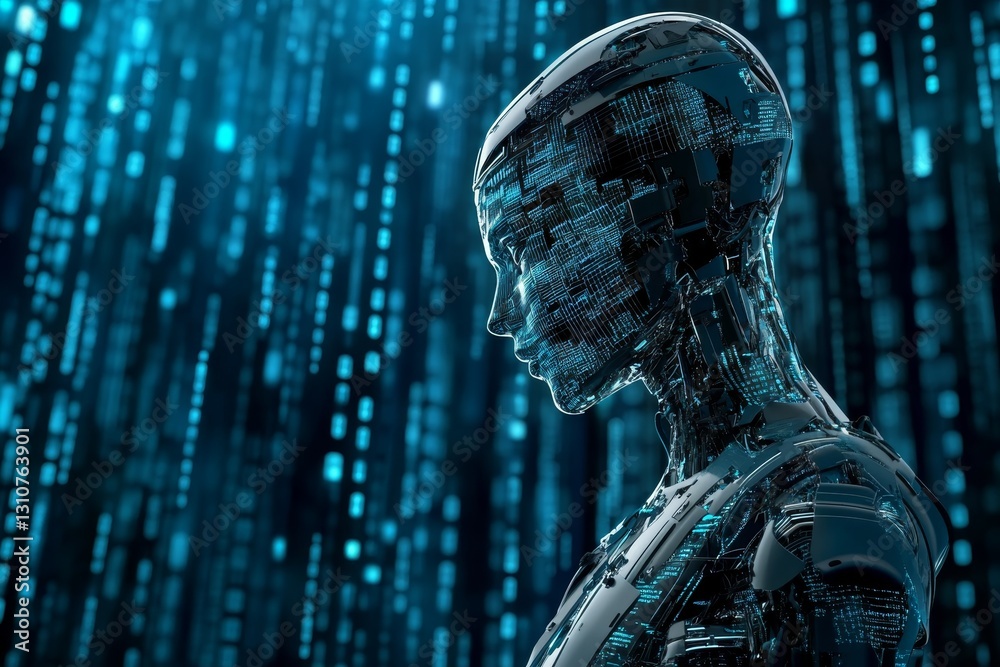 Poster futuristic robot profile with digital binary code background