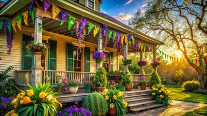 Obraz premium Panoramic Homestead Mardi Gras Floral Design: Colorful Celebration of Rural Life