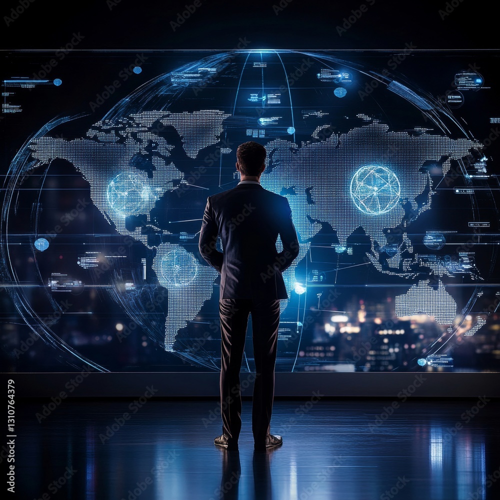 Poster a man stands in front of a large screen displaying a map of the world