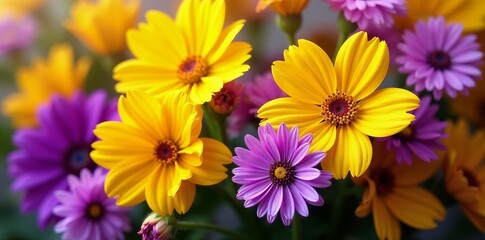 Fototapeta premium Vibrant mixed flower arrangement in yellow and purple hues, purple, nature, beautiful