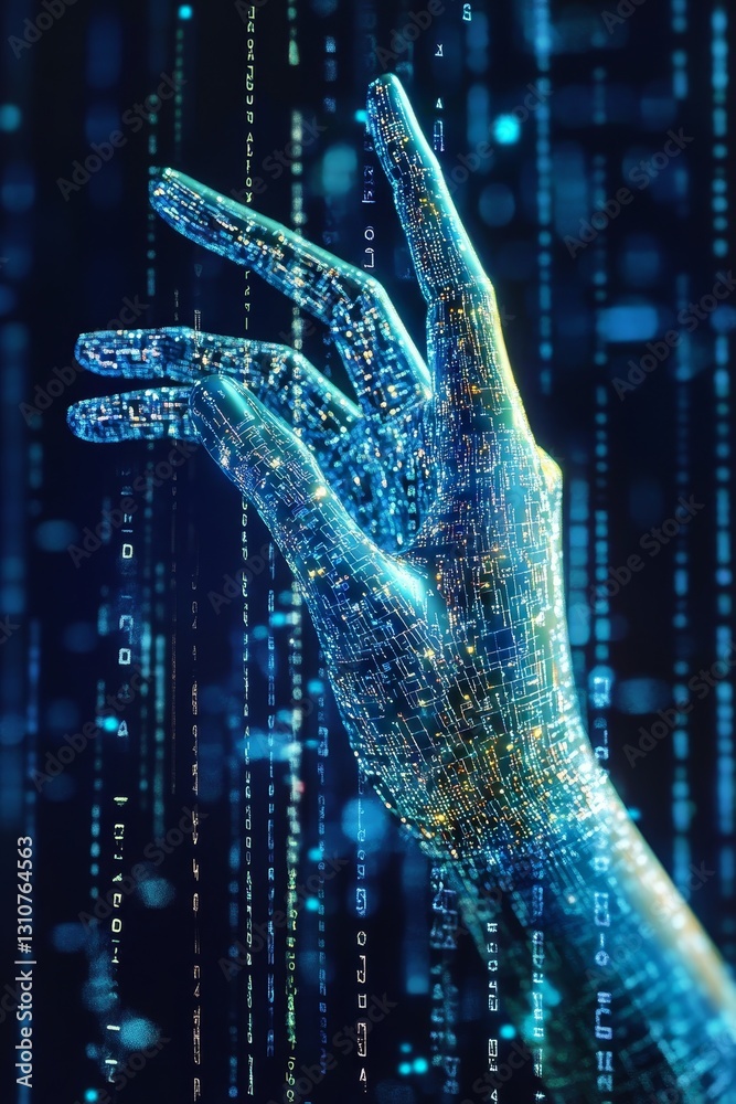 Poster futuristic hand reaching out with digital binary code background