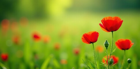 Fototapeta premium Vibrant red poppy flowers blooming in a lush green grass meadow, garden, nature