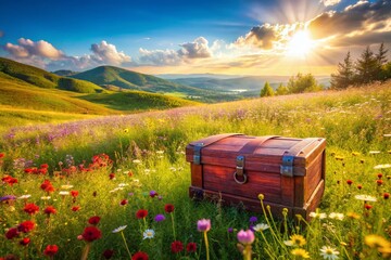 Obraz premium Panoramic Landscape Photography: Red Wooden Chest in a Sun-Drenched Meadow