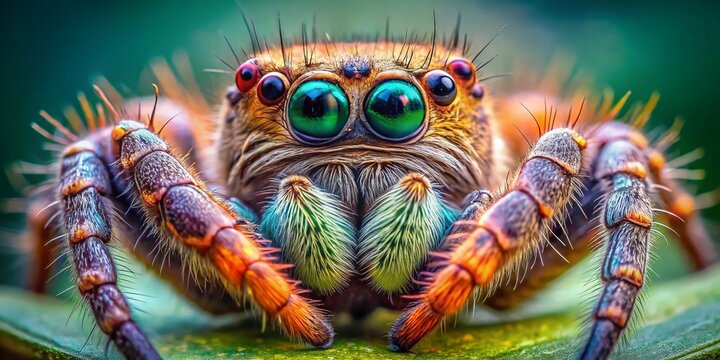 Panoramic Macro Close-up of Hyllus semicupreus Jumping Spider Hunting