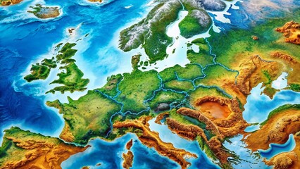 Panoramic Map of Europe & Middle East: Detailed Geographical Borders & Waterways