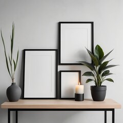 Minimalist Home Decor Mockup Frames, Plants, and Candle on Wooden Console Table
