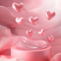 Obraz premium Soft and romantic Valentine Day 3D background featuring a vibrant pink platform, floating heart elements, and a silky gradient mesh