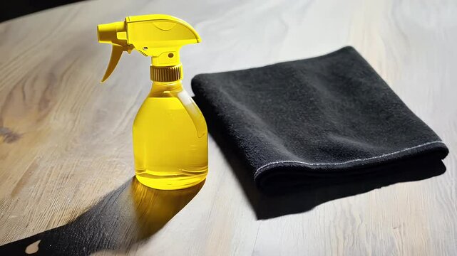 neatly arranged wooden surface displaying sleek yellow spray bottle folded black cloth offering aesthetically pleasing setting ultra HD 4K footage