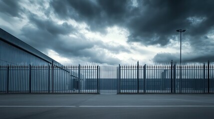 Obraz premium Stormy sky over industrial gate, empty road, warehouse background