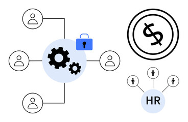 Gears representing automation linked to HR network, payroll, and security lock. Ideal for HR management, payroll, automation, security, teamwork data analytics. Flat simple metaphor