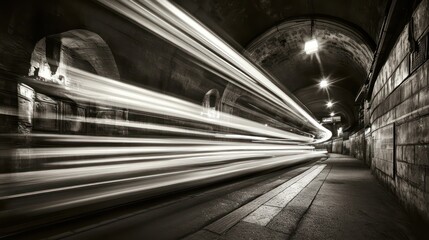 Subway train speeding through stone tunnel, city transport