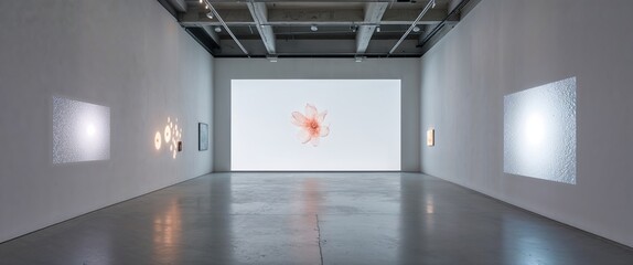 Contemporary art gallery with minimalist white walls and digital projections