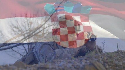 Using binoculars, soldier with Croatian flag overlay in outdoor animation scene - Powered by Adobe