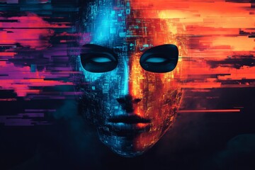 Digital Face with Glitch Effect and Abstract Background Colors