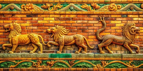 Panoramic Ornate Gradient Brick Wall with Intricate Animal Sculptures
