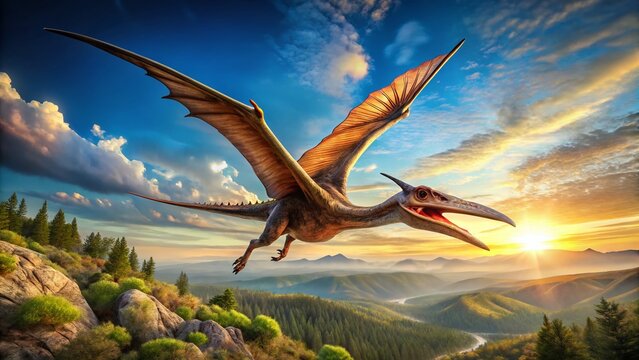 Panoramic Photorealistic Side View of Dorygnathus, Prehistoric Pterosaur Flying