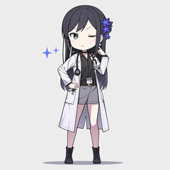 Chibi doctor character with stethoscope and flower in hair, playful pose