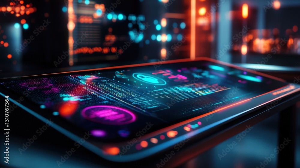 Poster futuristic interactive touchscreen displaying complex data analysis, charts, and code in a high tech