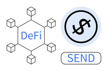Blockchain-connected cubes around DeFi text, crossed dollar icon, and Send button. Ideal for financial technology, cryptocurrency, decentralization, blockchain, payment systems, innovation