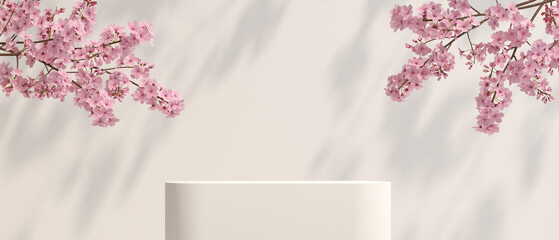 3D Podium, Light, Shadow, Nature and Sakura Background for Cosmetics, Perfume, Product Presentation, 3D rendering, Illustration