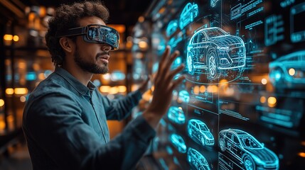A man wearing AR glasses is presenting a holographic car in the virtual reality space, surrounded by other cars displayed on glass walls, all showing different styles and colors of cars, with light 