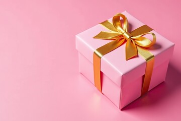 Obraz premium Pink gift box with gold bow on pink background, gift wrap, packaging