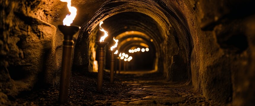 Flickering torchlight illuminating underground catacombs