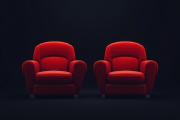 Two red armchairs in dark room, movie night, relaxation