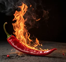 Plexiglas schilderij Hete pepers Close-up of red chili pepper seeds on fire on black background.  © Phalita