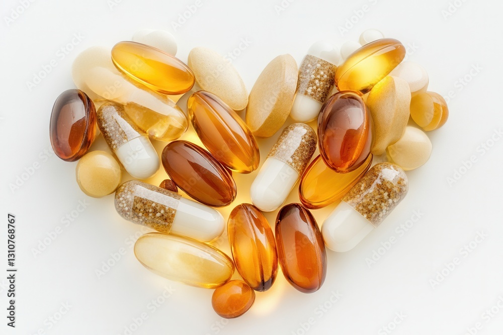 Poster heart shaped arrangement of colorful pills and capsules on a clean white background with soft lighti