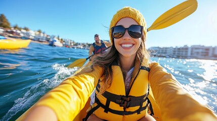 Smiling woman in a yellow kayak enjoying a sunny day on the water.