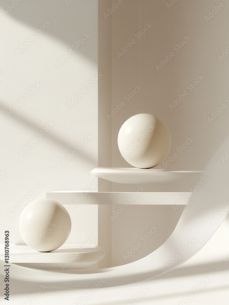 Aufkleber Minimalist floating 3D shapes create elegant reflections and soft shadows in a futuristic design setting