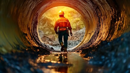 Obraz premium Male construction worker walking through a pipe with sunlight illuminating the tunnel.