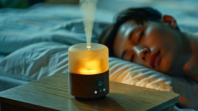 video. asian young man sleeps soundly in her bed with aromatherapy diffusers on her nightstand. atmosphere to improve sleep quality. Sleep hygiene concept.