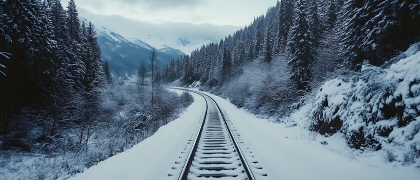 Train tracks cutting through a serene snowy forest valley with towering mountains looming in the distance creating a breathtaking cinematic landscape