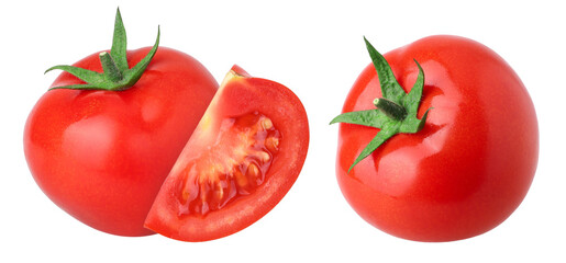 Red tomatoes and slices isolated, transparent PNG, PNG format, juicy, collection, set