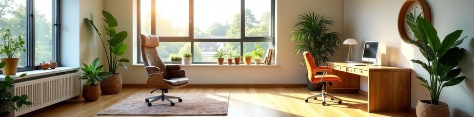 Fototapeta premium Cozy corner in minimalist open space office with wooden desk and large windows, architecture, contemporary, furniture