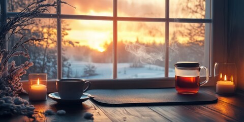 Winter sunset, cozy tea, candles, window view. Relaxation, home comfort