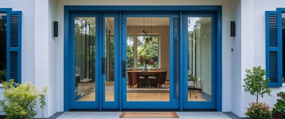 glass front door in blue minimalist home house frontage portrait