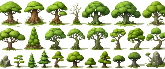 Fototapeta premium Cartoon Tree Collection Diverse Set of Lush Green Trees and Shrubs
