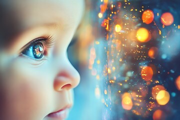 A child's face is reflected in a window, with a blurry background
