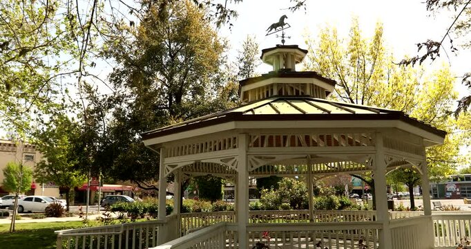 Afternoon sun shines in the beautiful central park of downtown Brentwood, California USA, a city in the East Bay of Contra Costa County.