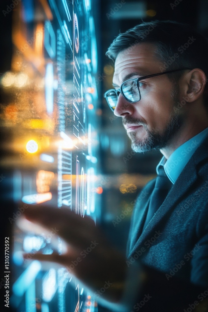 Poster a man in a suit is looking at a computer screen with a lot of numbers and graphs