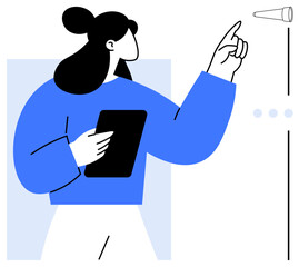 Woman pointing towards a goal with one hand while holding a tablet. Ideal for leadership, planning, tech, education, decision-making, innovation, communication, flat simple metaphor
