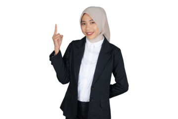 Portrait of Young Businesswoman in a Hijab Pointing Up Isolated Transparent