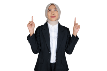 Portrait of Young Businesswoman in a Hijab Pointing Up Isolated Transparent
