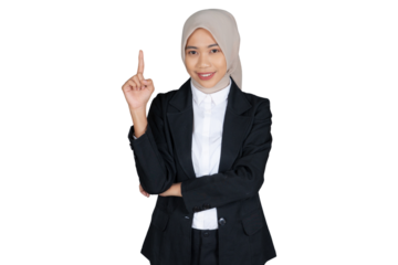 Portrait of Young Businesswoman in a Hijab Pointing Up Isolated Transparent