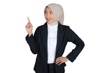 Portrait of Young Businesswoman in a Hijab Pointing Up Isolated Transparent