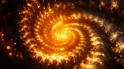 Dynamic orange gold spiral abstract design. Radiant fiery glow sparkle. Cosmic surreal texture shine. Dark background glitter flash. Futuristic pattern neon light.